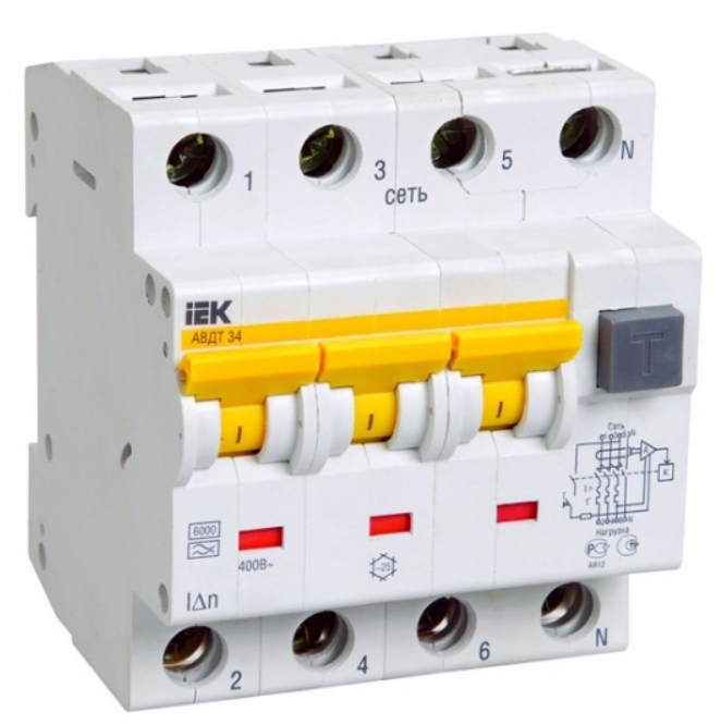 Дифференциальный автомат  4П  32А   30мА  IEK  АВДТ-34  характеристика С