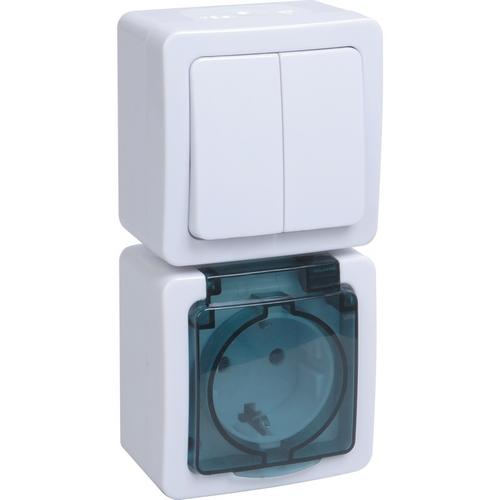 IEK  Гермес Plus  Блок вертикальный: выключатель 2-клавишный + розетка 1-местная с заземляющими контактами открытая установка  IP54  (клавиша белая/ крышка.дымчатая) БВб-22-32-ГПБд